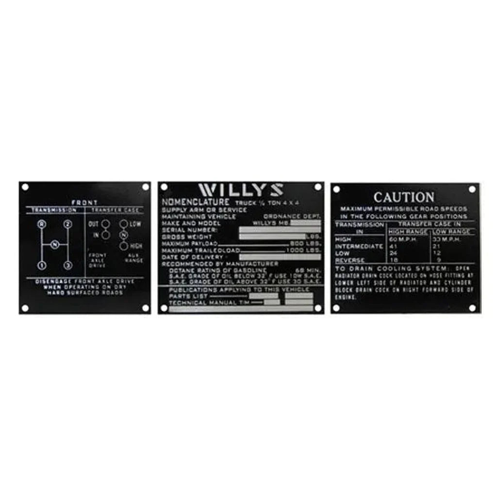 Dashboard Data Plate Set (Series 5), Dec 1943-Mid 1944, MB Willys Jeep - The JeepsterMan