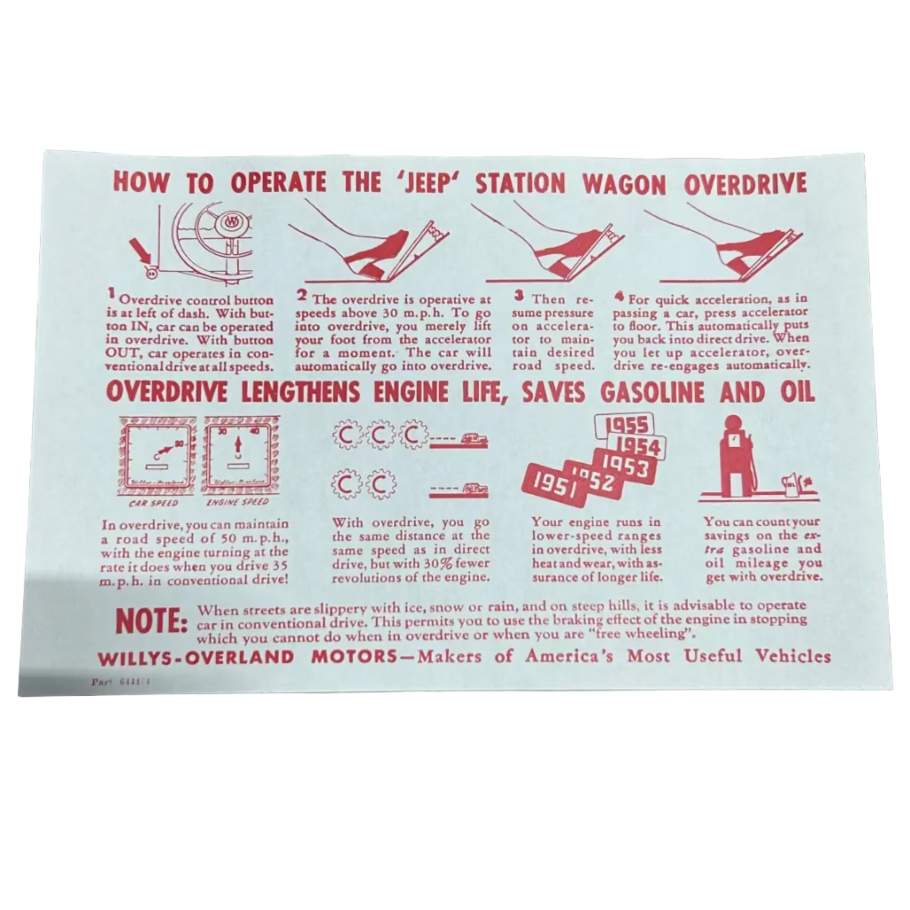 Instructional poster on operating a 'Jeep' station wagon overdrive on a cardboard background