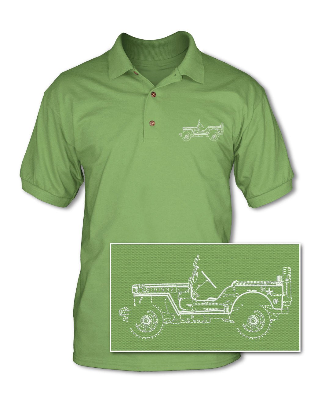 Jeep Willys WWII 1941 - 1945 Adult Pique Polo Shirt - Side View - The JeepsterMan