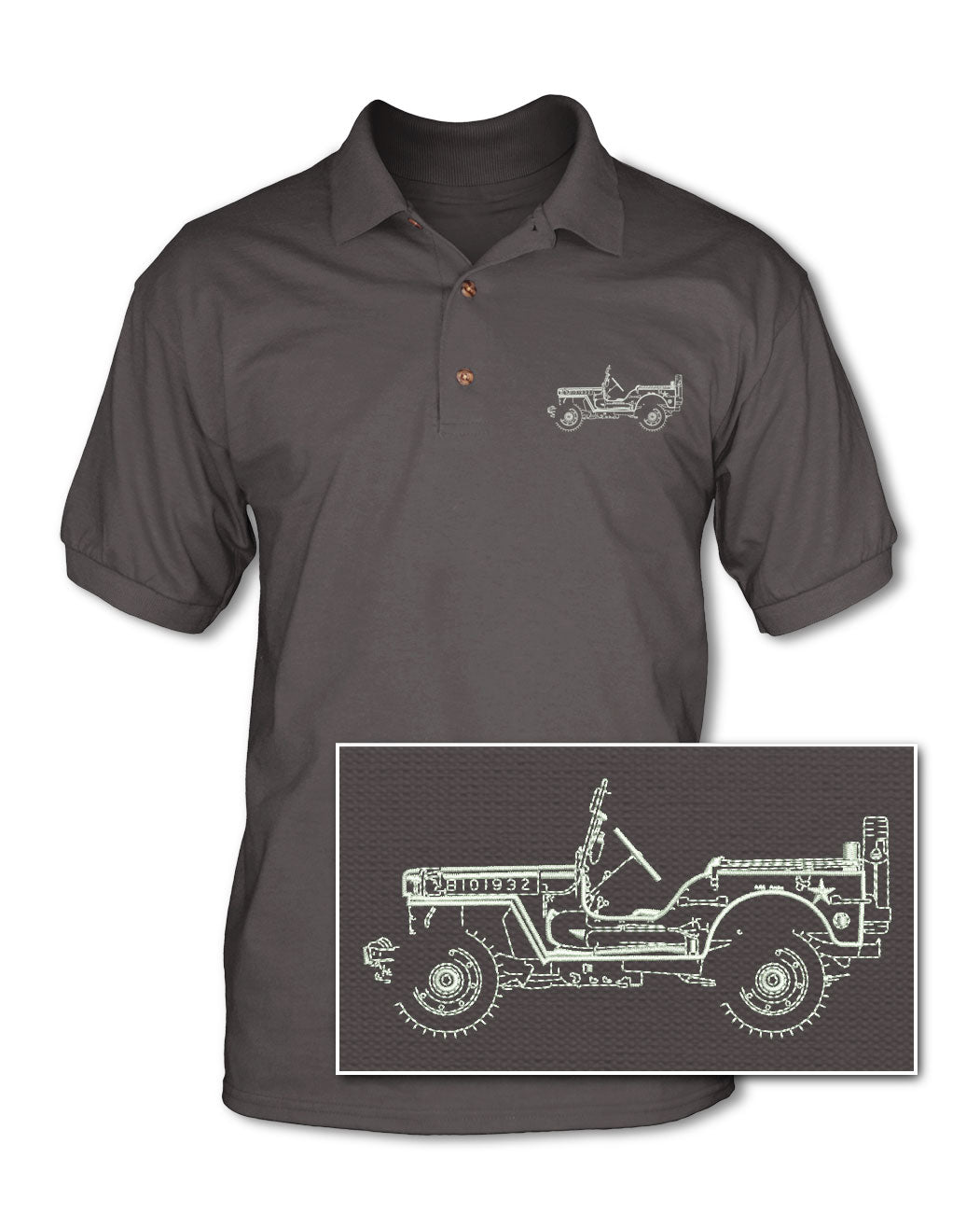 Jeep Willys WWII 1941 - 1945 Adult Pique Polo Shirt - Side View - The JeepsterMan