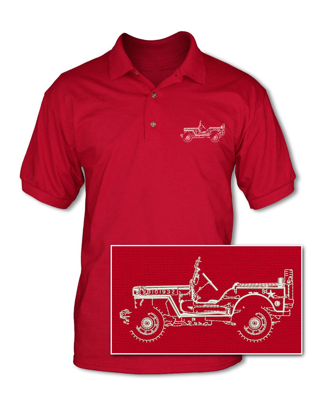 Jeep Willys WWII 1941 - 1945 Adult Pique Polo Shirt - Side View - The JeepsterMan