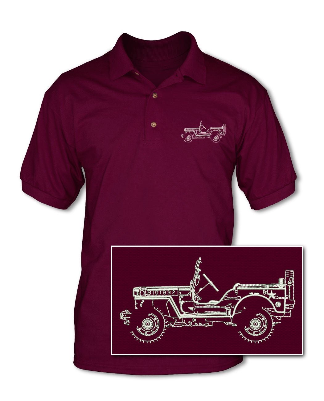 Jeep Willys WWII 1941 - 1945 Adult Pique Polo Shirt - Side View - The JeepsterMan