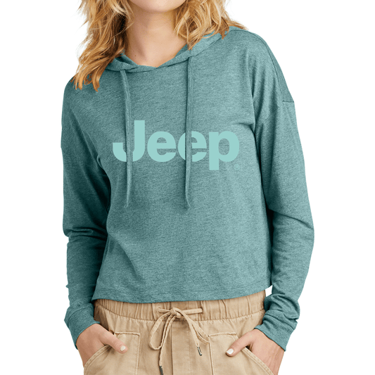 Ladies Jeep® Text Triblend Midi Long Sleeve Hoodie - Heathered Eucalyptus Blue - The JeepsterMan