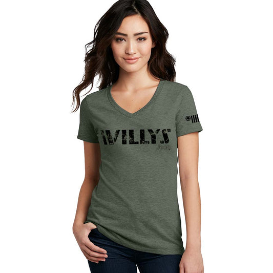 Ladies Jeep® Willys Text V - neck - Heather Military Green - The JeepsterMan