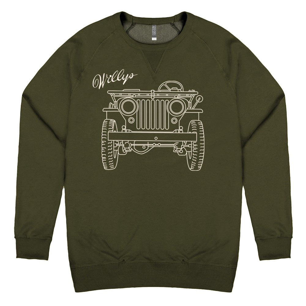 Mens Jeep® Willys MB Line Art Crew Sweatshirt - Military Green - The JeepsterMan