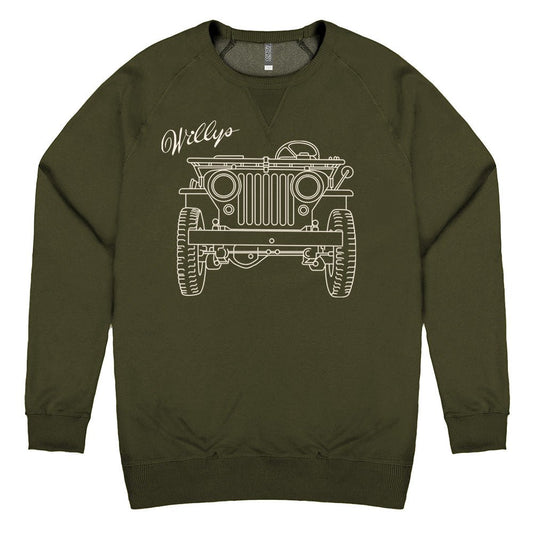 Mens Jeep® Willys MB Line Art Crew Sweatshirt - Military Green - The JeepsterMan