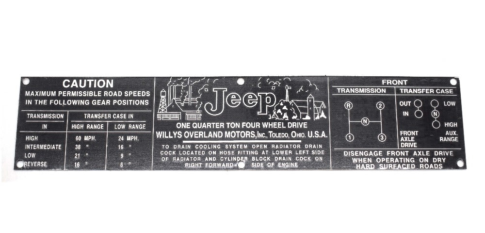 Instruction Dash Data Plate, 1945-1964 Willys and Jeep, CJ2A, CJ3A, CJ3B - The JeepsterMan